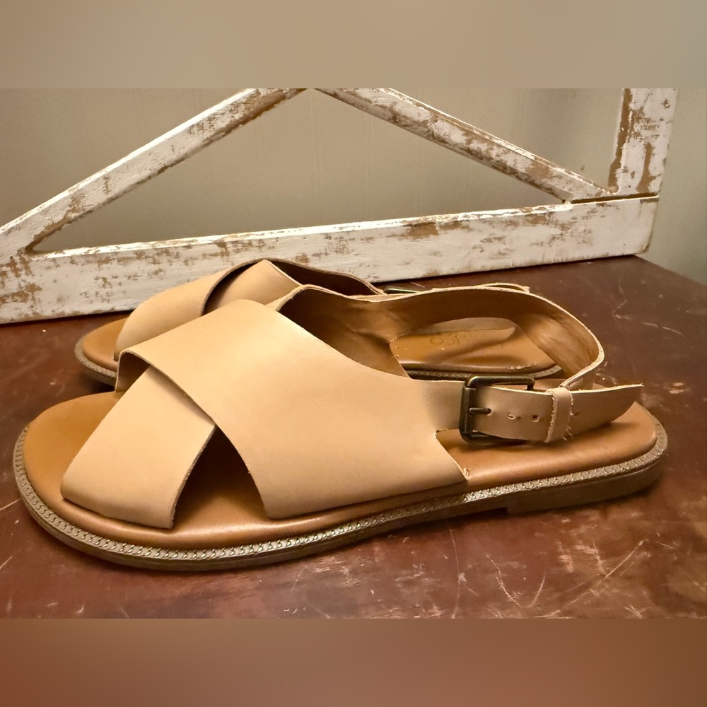 Franco Sarto Beige Leather Cross-Strap Slingback Sandals
